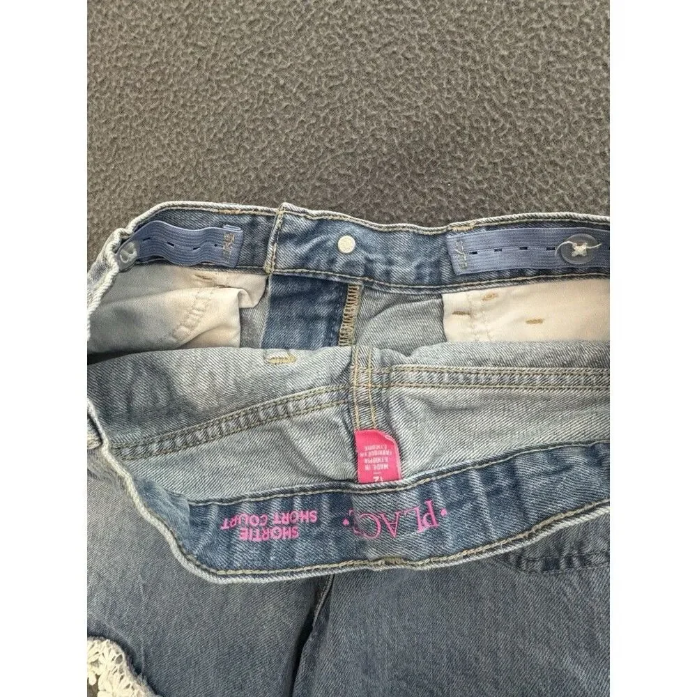 The Children's Place Girls Light Wash Denim Shortie Shorts Lace Hem 12 Pockets